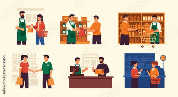 Obraz Grocery Shopping Experience with Diverse Customers Interacting with Store Clerks in Varied Scenarios: A Focus on Retail, Commerce, Customer Service, and Positive Interactions Depicted in Flat Vector I