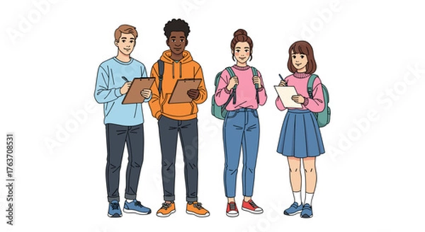 Obraz Diverse Group of Young Students Taking Notes Outdoors for School Project, Engaged in Educational Survey or Campus Event, Modern People with Backpacks Writing on Clipboards for Business Research and Da