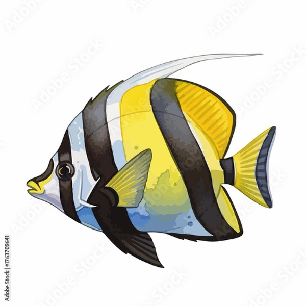 Obraz Isolated heniochus acuminatus on white background showcases tropical fish. This vibrant tropical fish, with its striking colors, is a graceful swimmer in warm waters,