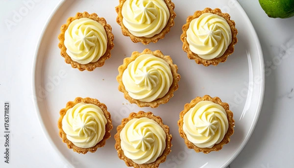Obraz Top-down view of mini key lime pies with smooth cream frosting. Tasty dessert. Sweet food.