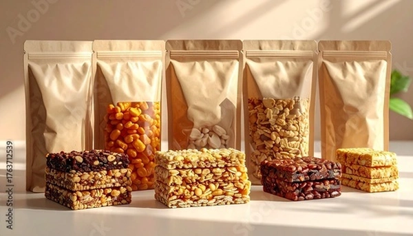 Fototapeta Three kraft paper pouches stand behind stacked granola bars on a clean white surface.