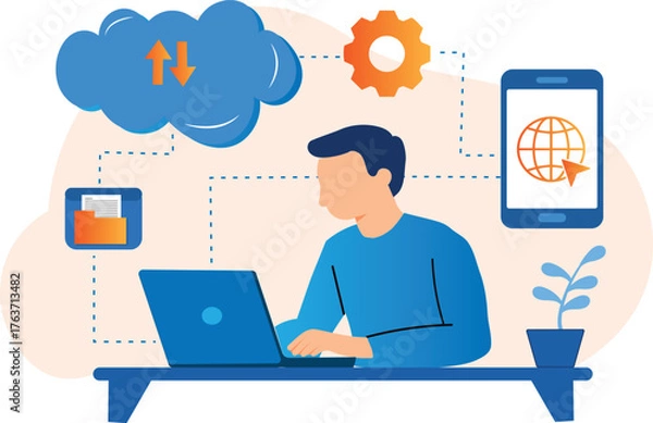 Obraz Online Work Illustration | Remote Job Concept with Laptop, Cloud Computing, and Internet Connection | Digital Data Storage, Networking, and Freelance Business Technology Background