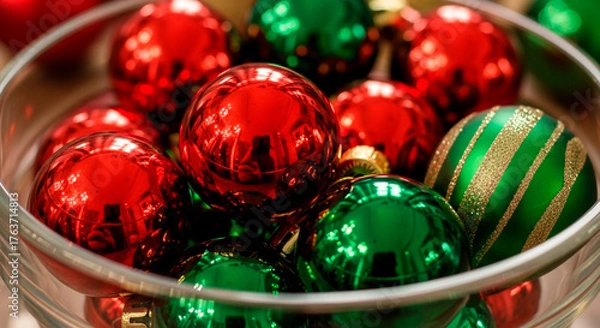 Fototapeta Festive display of red and green Christmas balls in a clear glass bowl, ready to be used as festive decorations.
