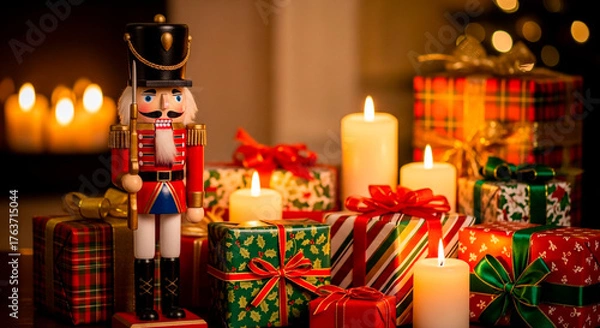 Fototapeta A festive holiday display featuring a decorative nutcracker, glowing candles, and beautifully wrapped gifts, radiating warmth and cheer.