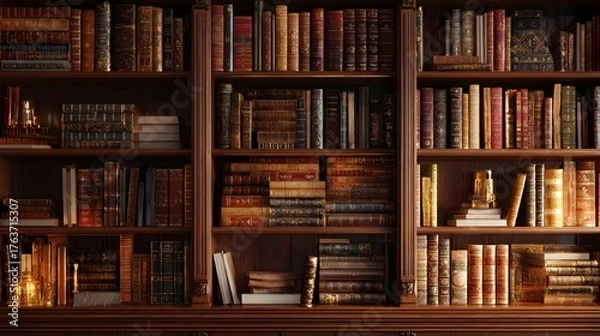 Fototapeta Numerous antique bound volumes fill multiple shelves of a substantial wooden bookcase