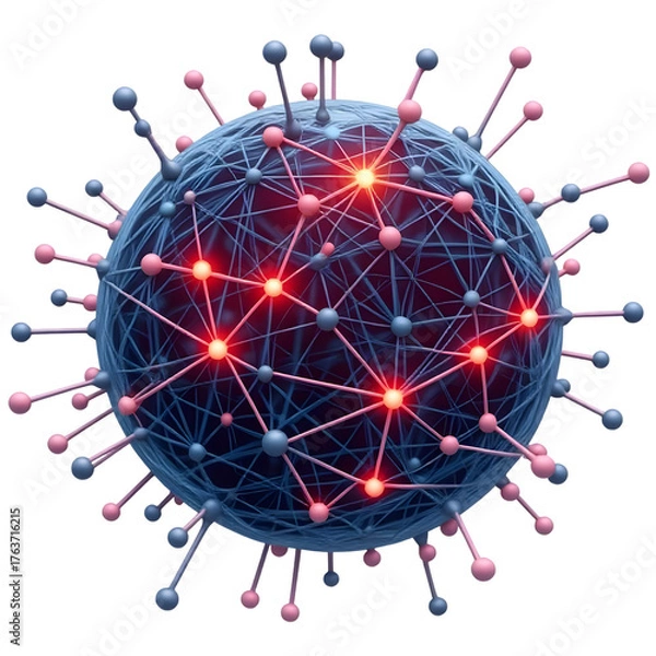 Obraz Abstract glowing virus particle with spikes isolated on transparent background