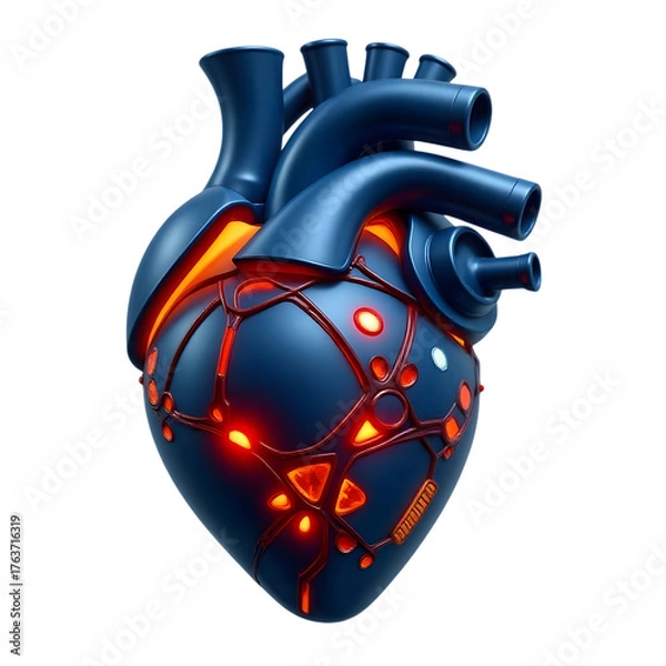 Obraz Futuristic blue mechanical heart with glowing orange core isolated on transparent background