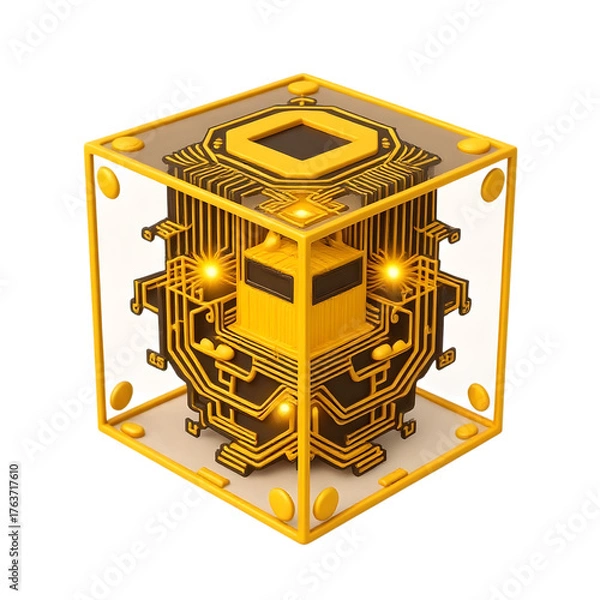 Obraz Futuristic golden cube with circuitry isolated on transparent background