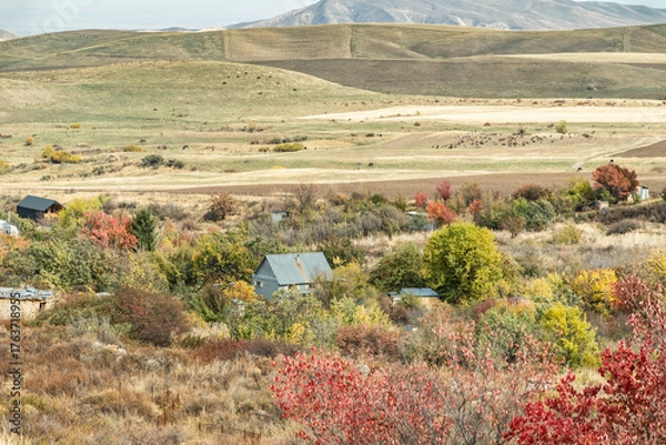 Fototapeta A village in Kyrgyzstan's Chui Valley, nestled among hills with colorful trees and fields, symbolizes the rural landscape and ecological harmony.