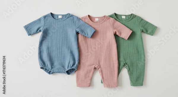 Obraz Three pastel colored baby rompers on a white background flatlay , trending, fashion, lifestyle