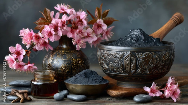 Obraz A mask of beauty on the woman's face. 
Black mask. Salon treatment for cleaning pores from acne. Cleansing face masks. Natural clay. Isolated vector illustration EPS10