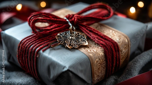 Fototapeta Diagonally striped craft paper background, gift tied in the center with cotton red rope, bow and ribbons. Packing rope for decoration, gift, pastry boxes for New Year, Christmas. Vector EPS10