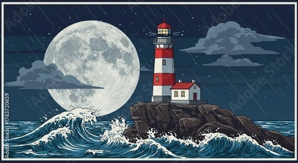Obraz A lighthouse on a rocky coast with a full moon and rain falling , trending, fashion, lifestyle