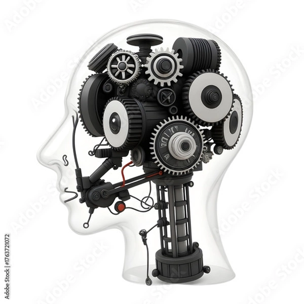 Obraz Mechanical brain with gears inside a human head profile isolated on transparent background
