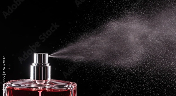 Obraz Close up of perfume bottle spraying against a black background , trending, fashion, lifestyle