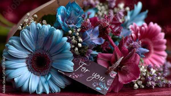 Fototapeta Bouquet of blue, pink, white flowers with a tag for you on a red background. February 14, Valentine day. Flat Vector illustration of EPS10.