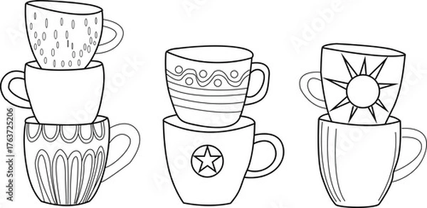 Fototapeta Stacked coffee cups line art illustration, tea mugs outline drawing. Black and white kitchen vector with decorative patterns for café menu, morning drink and home décor design