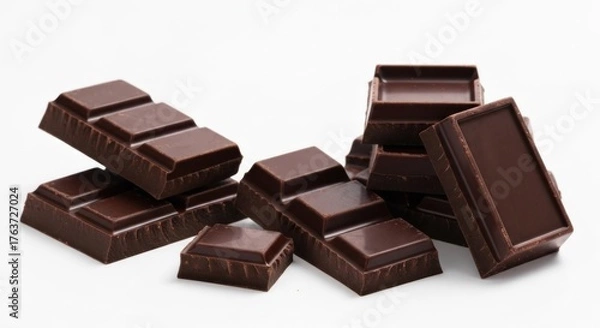 Obraz Stack of dark chocolate pieces on a bright, plain white background