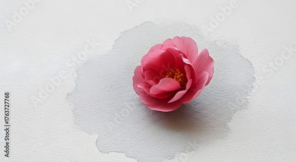 Fototapeta Single pink camellia resting on a soft gray watercolor stain. Elegant, feminine, zen minimalism with tactile paper grain and clear copy space for spa, wellness, fragrance, or beauty branding.