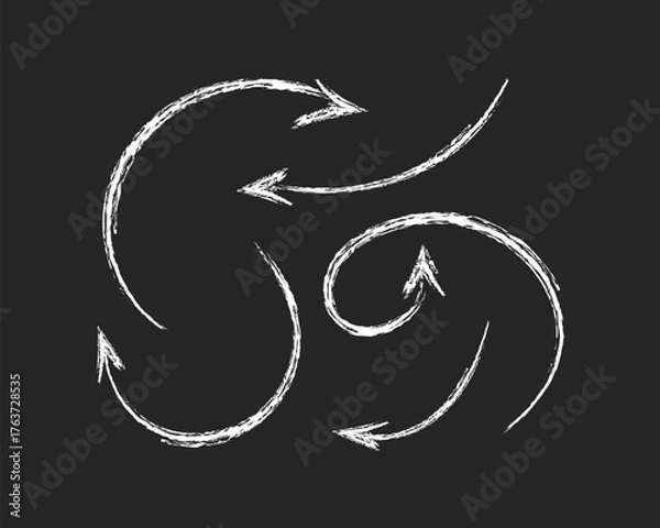 Fototapeta Hand drawn squiggly charcoal arrows vector set. Crayon scribble lines, swirls arrows, scrawls. Doodle marker or chalk drawing on blackboard. Direction pointers. Perfect for infographics, presentations
