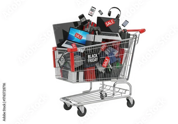 Obraz Full shopping cart overflowing with assorted electronics and gadgets isolated on transparent background
