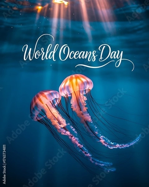 Obraz Celebrate world oceans day with two vibrant jellyfish gracefully swimming beneath shimmering sunbeams in the deep blue sea