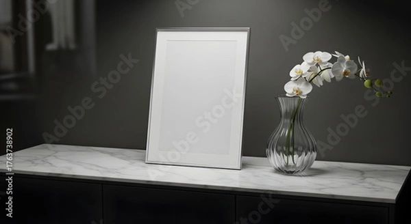Obraz Blank frame mockup with white orchid on marble