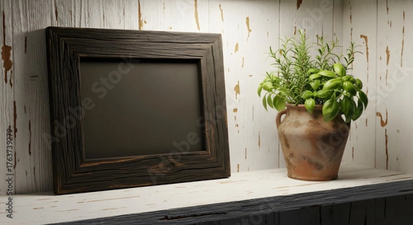 Obraz Rustic Mockup frame and herb pot on wooden shelf decor