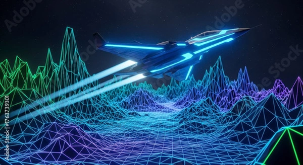 Fototapeta Futuristic neon jet soaring through a vibrant digital landscape with glowing mountains