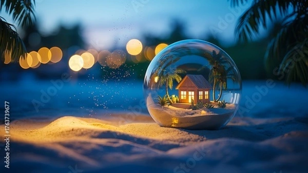 Obraz Christmas snow globe with tropical beach house and palm trees glowing in evening light
