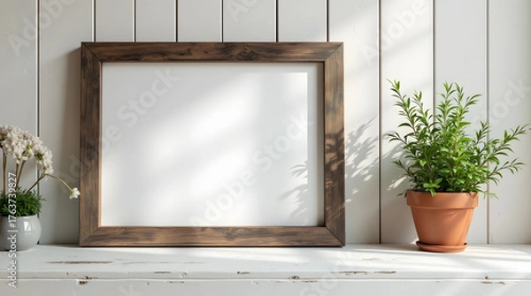 Obraz Rustic frame blank mockup with potted plants decor