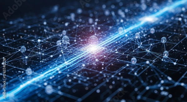 Fototapeta Dynamic digital network flows with glowing data nodes representing global connectivity and future technology