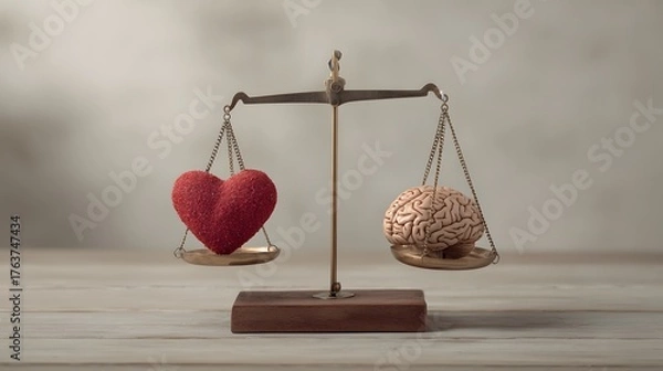 Obraz Imbalance displayed on a traditional scale with a textured heart and a realistic brain