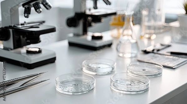 Fototapeta Laboratory Work with Microscopes and Petri Dishes on Clean Surface