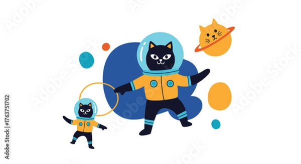 Fototapeta Astronaut Cats Exploring Space with Planets and Stars.