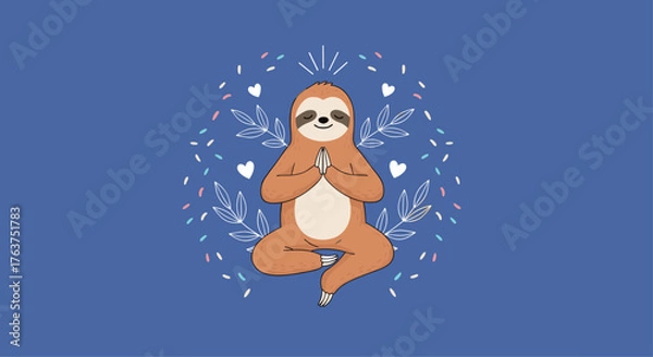 Fototapeta Meditating sloth in lotus position surrounded by floral elements.
