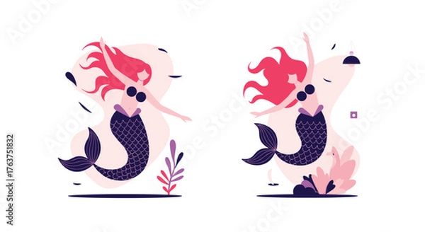 Obraz Mermaid illustrations with red hair and purple tail, artistic design.