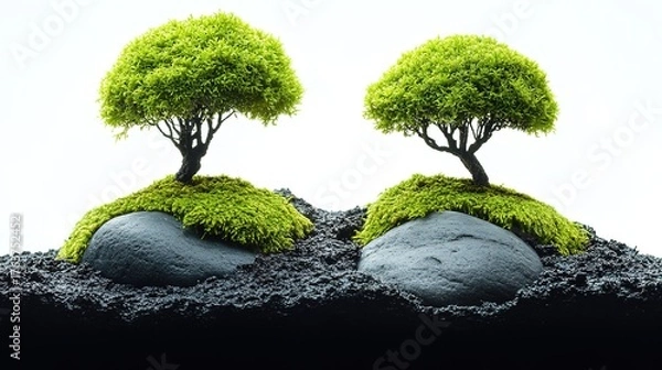 Fototapeta Two Miniature Trees on Moss - Covered Rocks against White Background