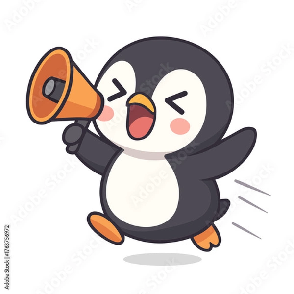 Fototapeta Cute Running Penguin Character Shouting with Megaphone Vector Illustration