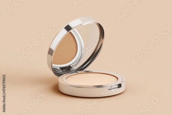 Fototapeta Compact cosmetic pressed powder rests open with mirror reflecting product color against a soft neutral background