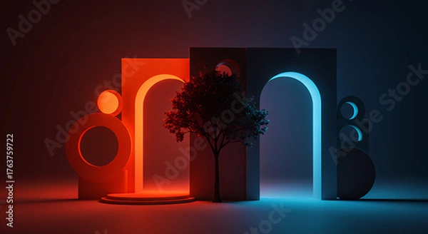 Obraz Abstract Neon Light Art Installation with Tree and Geometric Shapes in Dark Atmosphere