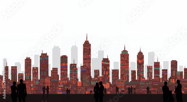 Obraz Colorful Modern City Skyline Silhouette with People in Urban Park
