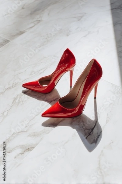 Fototapeta Pair of pointed toe high heel pumps in brilliant red rests upon a marbled surface