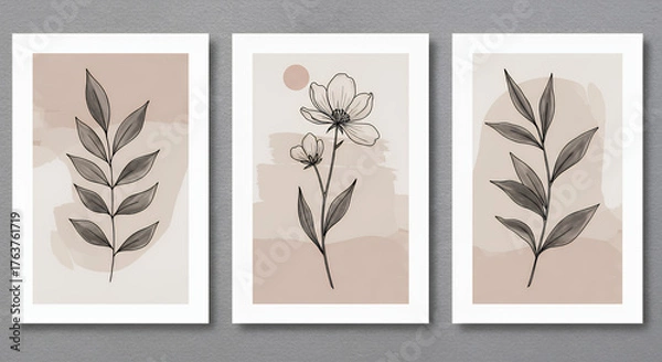 Obraz Set of Three Minimalist Botanical Art Prints with Black Line Drawings on Neutral Backgrounds