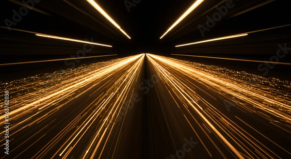 Obraz High Speed Light Trails in Dark Tunnel with Bright Gold and White Streaks