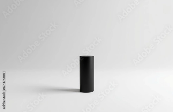 Fototapeta Minimalist black cylindrical object standing on a plain white surface with a neutral background