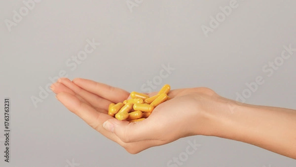 Obraz Close-up of a hand full of yellow capsules. Concept of vitamins, herbal supplements, turmeric curcumin, medication and daily healthcare routine.