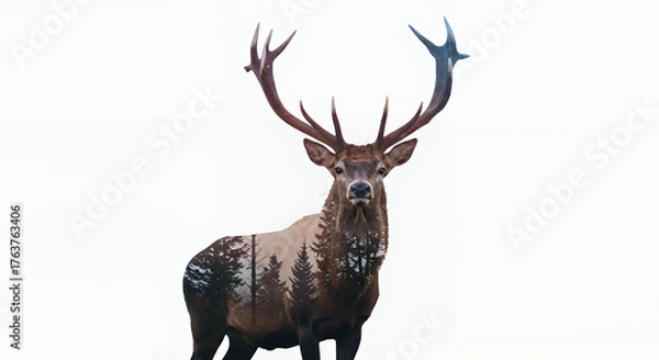 Obraz Majestic Deer with Large Antlers Standing in Bright White Background