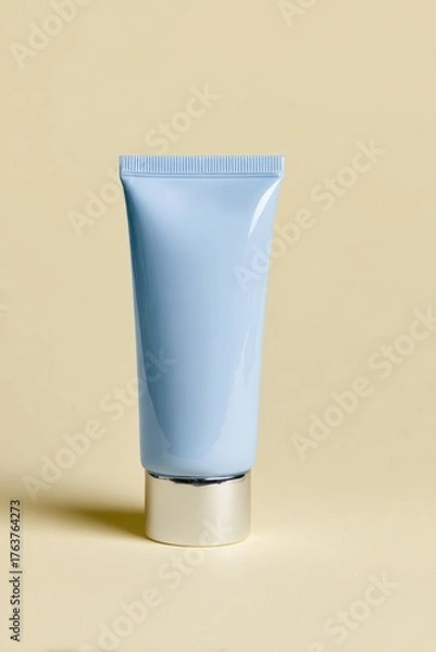 Fototapeta Pale blue cosmetic tube with silver base rests on a smooth, light background