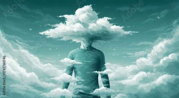 Obraz Surreal Human Figure with Cloud Head in Dreamlike Sky Scene